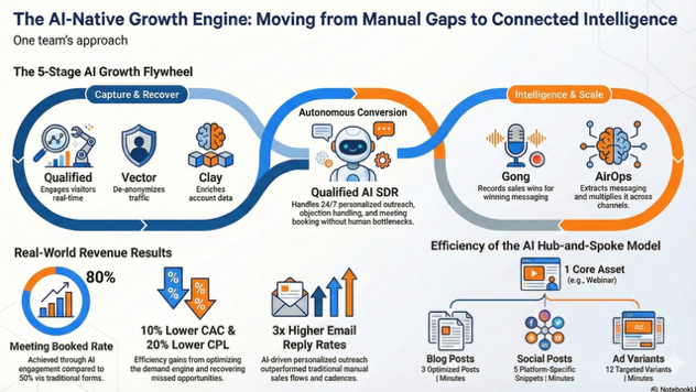 AI-native growth engine infographic: the five-stage AI growth flywheel and revenue results