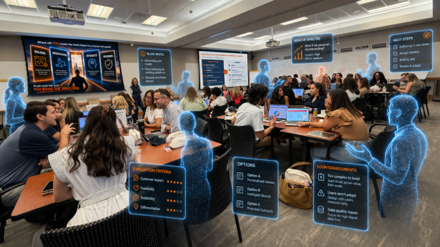 Marketers at a workshop with AI sparring partners illustrated alongside them