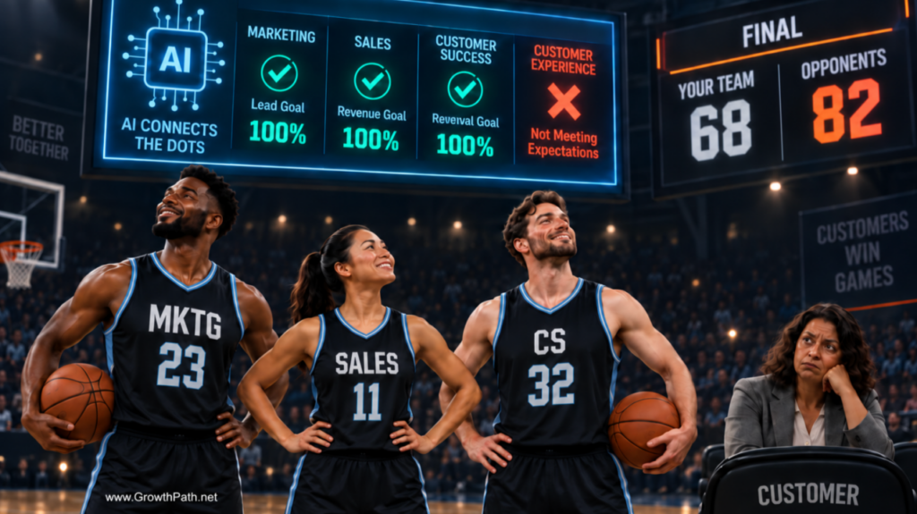 Basketball players in Marketing, Sales and CS jerseys celebrating individual goals while the team loses