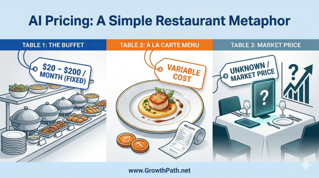 AI pricing as a restaurant metaphor: buffet, à la carte menu and market price
