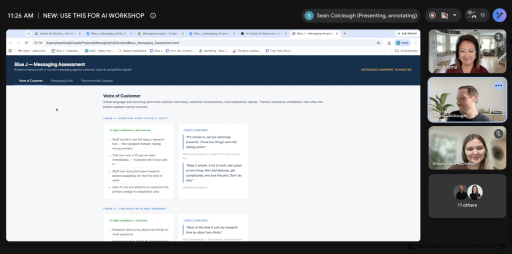 Blue J hands-on AI workshop: messaging assessment output from Claude Cowork