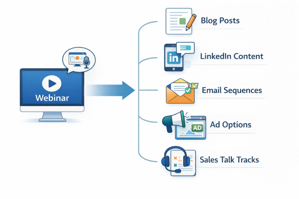 Hub-and-spoke workflow turning one webinar into blog posts, LinkedIn content, emails, ads and sales talk tracks