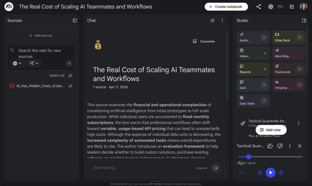 NotebookLM debate on the real cost of scaling AI teammates and workflows