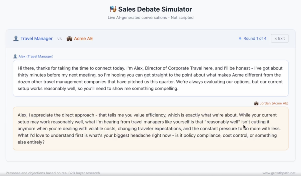Sales Debate Simulator showing a live AI-generated sales conversation