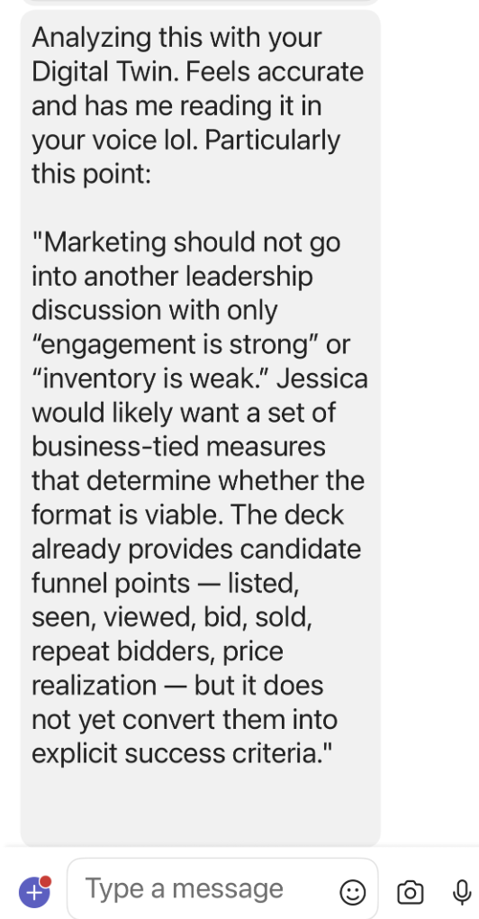 A team member's text to Jessica after using her digital twin